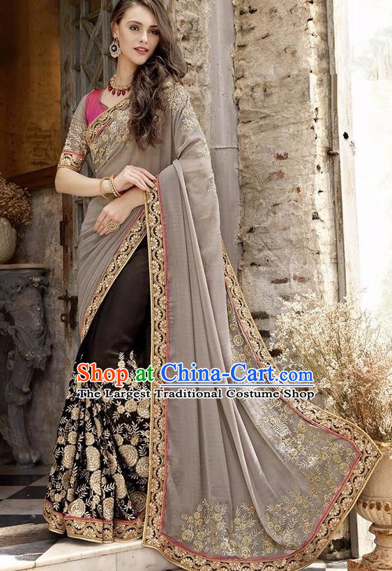 Asian India Traditional Court Princess Embroidered Brown Sari Dress Indian Bollywood Bride Costume for Women