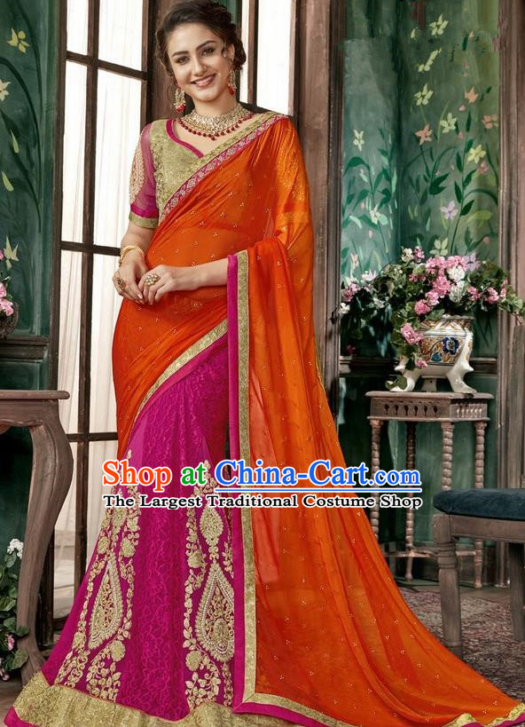 Asian India Traditional Court Princess Rosy Sari Dress Indian Bollywood Bride Embroidered Costume for Women