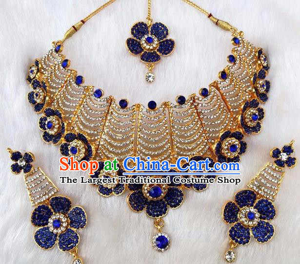 South Asian India Traditional Jewelry Accessories Indian Bollywood Blue Crystal Necklace Earrings Hair Clasp for Women
