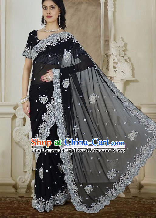 Indian Traditional Bollywood Black Veil Sari Dress Asian India Royal Princess Embroidered Costume for Women