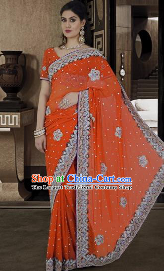 Indian Traditional Bollywood Court Orange Sari Dress Asian India Royal Princess Costume for Women