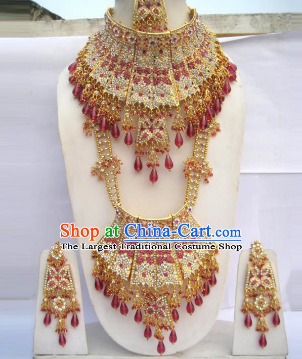Traditional Indian Jewelry Accessories Bollywood Princess Rosy Tassel Necklace Earrings and Hair Clasp for Women