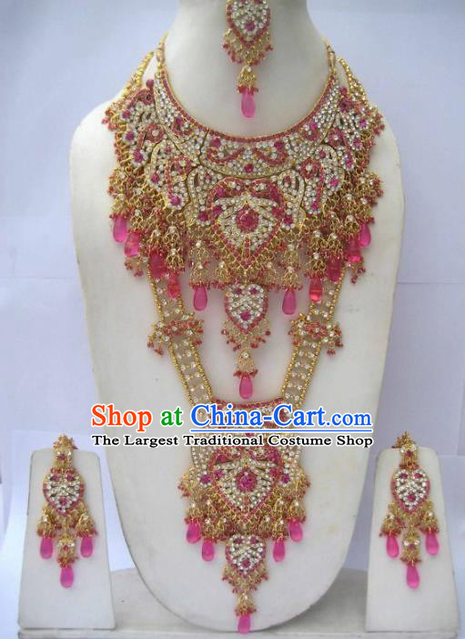 Traditional Indian Wedding Jewelry Accessories Bollywood Rosy Necklace Earrings and Hair Clasp for Women