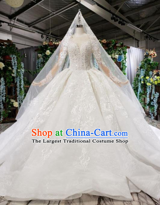 Top Grade Customize Bride White Lace Trailing Full Dress Court Princess Wedding Costume for Women