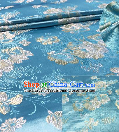 Chinese Traditional Hanfu Silk Fabric Classical Peony Pattern Design Blue Brocade Tang Suit Fabric Material