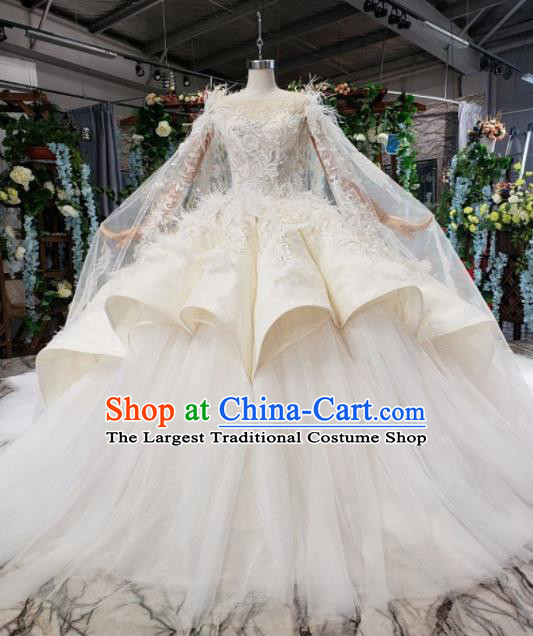 Top Grade Customize Bride Embroidered White Feather Trailing Full Dress Court Princess Wedding Costume for Women