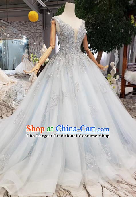 Customize Embroidered Diamante Blue Veil Trailing Full Dress Top Grade Court Princess Waltz Dance Costume for Women