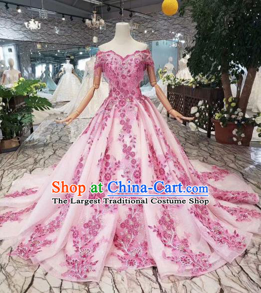 Customize Embroidered Rosy Lace Trailing Full Dress Top Grade Court Princess Waltz Dance Costume for Women