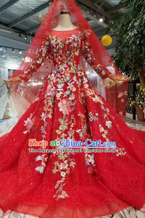 Top Grade Customize Catwalks Red Veil Trailing Full Dress Court Princess Waltz Dance Costume for Women