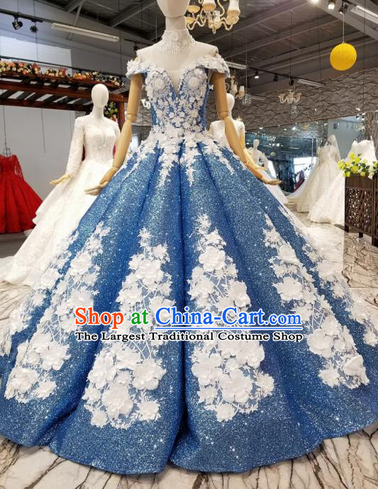 Top Grade Modern Fancywork Blue Sequins Full Dress Customize Waltz Dance Costume for Women