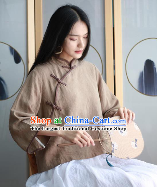 Chinese Traditional National Costume Brown Linen Blouse Tang Suit Upper Outer Garment for Women