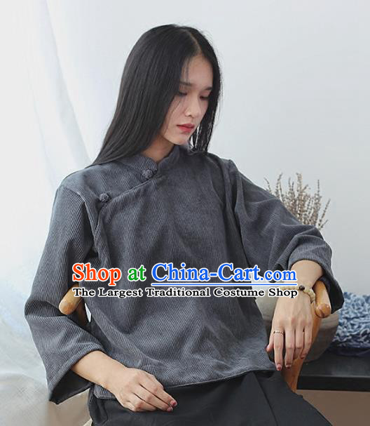 Chinese Traditional National Costume Grey Corduroy Jacket Tang Suit Upper Outer Garment for Women