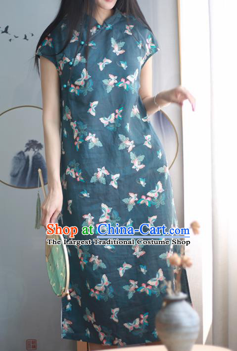 Chinese Traditional National Costume Printing Butterfly Navy Qipao Dress Tang Suit Cheongsam for Women