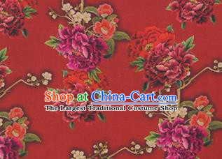 Chinese Traditional Peony Flowers Pattern Design Red Satin Watered Gauze Brocade Fabric Asian Silk Fabric Material