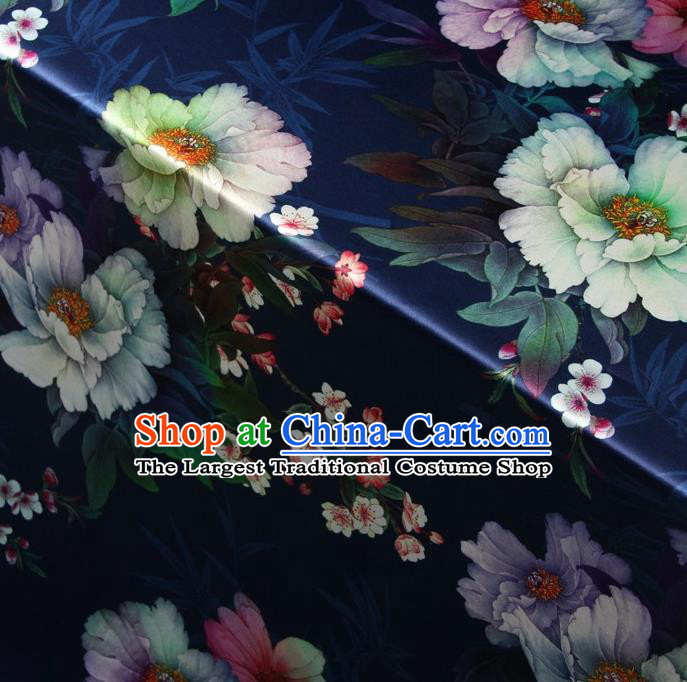 Chinese Traditional Peony Pattern Design Navy Satin Watered Gauze Brocade Fabric Asian Silk Fabric Material