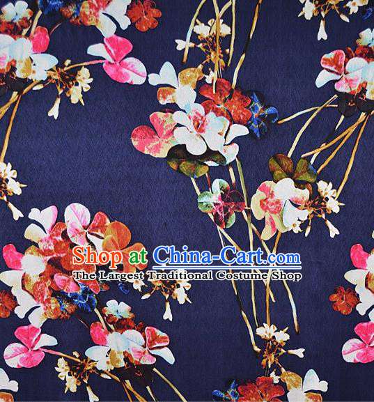 Chinese Traditional Flowers Pattern Design Navy Satin Watered Gauze Brocade Fabric Asian Silk Fabric Material