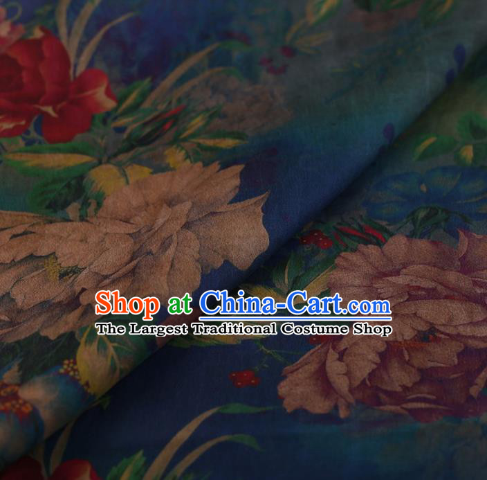 Traditional Chinese Satin Classical Peony Pattern Design Blue Watered Gauze Brocade Fabric Asian Silk Fabric Material