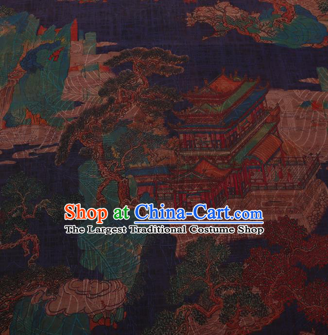 Traditional Chinese Satin Classical Palace Pattern Design Navy Watered Gauze Brocade Fabric Asian Silk Fabric Material