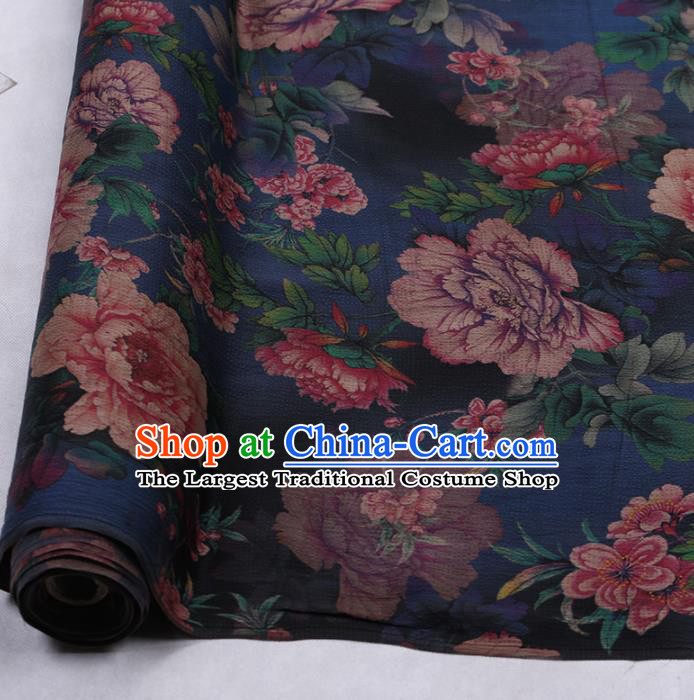 Chinese Traditional Peony Flowers Pattern Design Navy Satin Watered Gauze Brocade Fabric Asian Silk Fabric Material