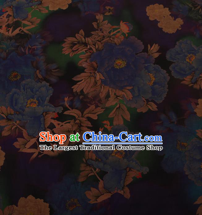 Traditional Chinese Satin Classical Blue Peony Pattern Design Watered Gauze Brocade Fabric Asian Silk Fabric Material