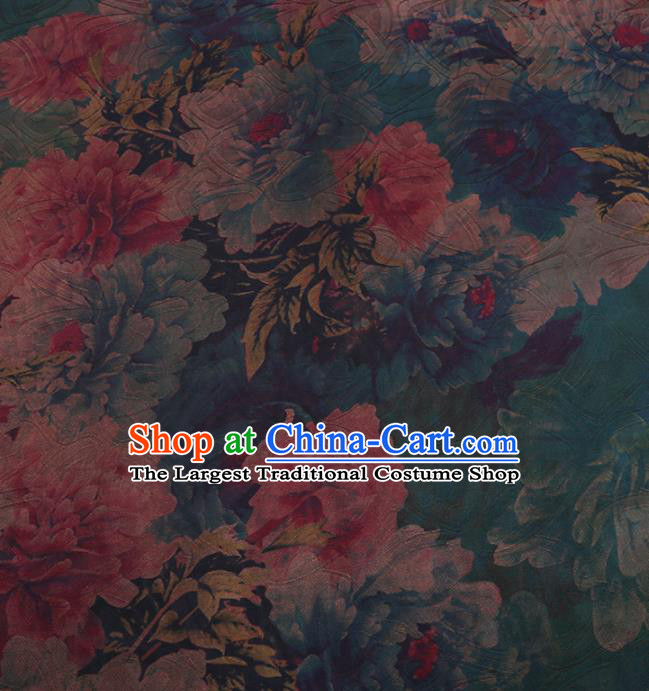 Chinese Traditional Peony Flowers Pattern Design Blue Satin Watered Gauze Brocade Fabric Asian Silk Fabric Material