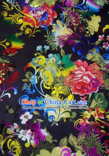 Chinese Classical Gilding Peony Pattern Design Black Brocade Asian Traditional Hanfu Silk Fabric Tang Suit Fabric Material