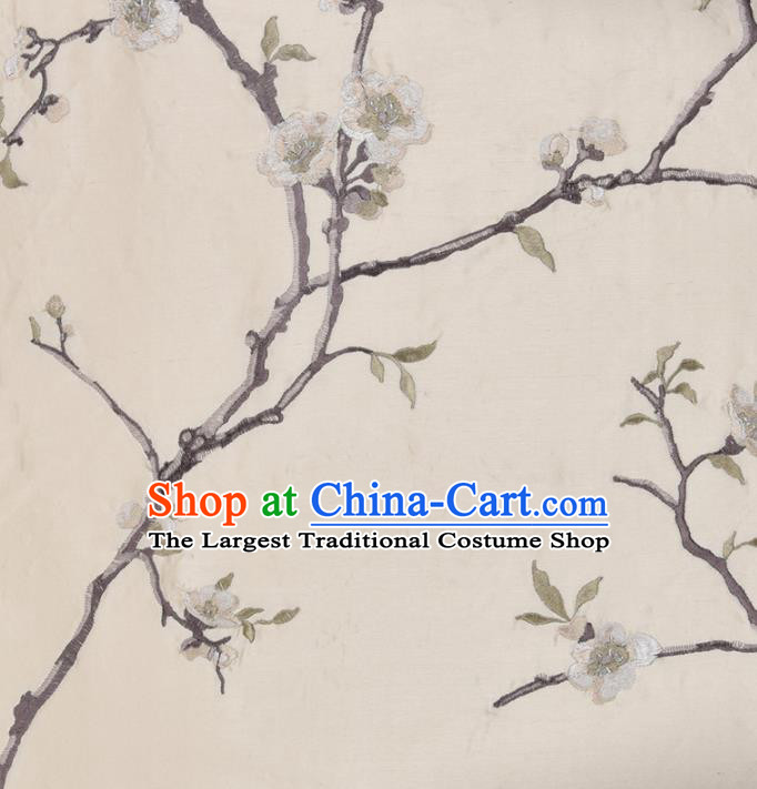 Traditional Chinese Classical Embroidered Plum Blossom Pattern Design Fabric Beige Brocade Tang Suit Satin Drapery Asian Silk Material