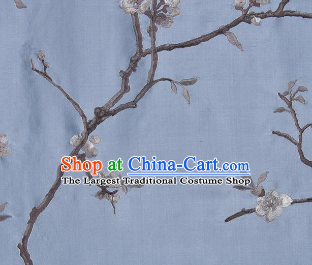 Traditional Chinese Classical Embroidered Plum Blossom Pattern Design Fabric Light Blue Brocade Tang Suit Satin Drapery Asian Silk Material