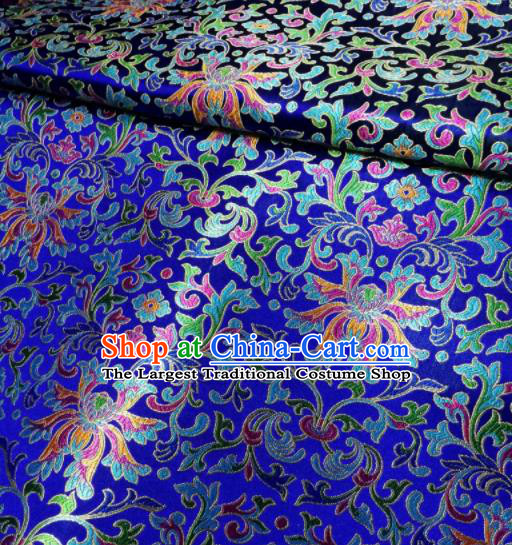 Asian Chinese Royal Colorful Chrysanthemum Pattern Design Royalblue Brocade Fabric Traditional Tang Suit Satin Classical Drapery Silk Material