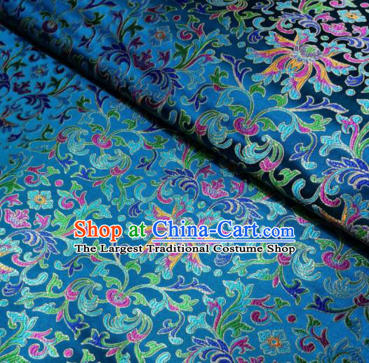 Asian Chinese Royal Colorful Chrysanthemum Pattern Design Blue Brocade Fabric Traditional Tang Suit Satin Classical Drapery Silk Material