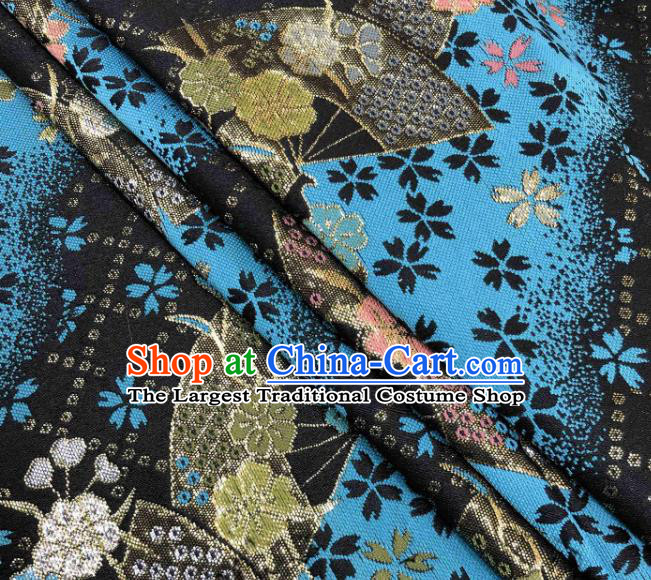 Asian Japanese Kimono Fabric Classical Fan Pattern Design Blue Brocade Traditional Drapery Silk Material