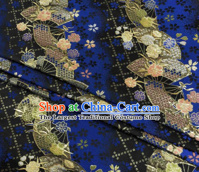 Asian Japanese Kimono Fabric Classical Fan Pattern Design Royalblue Brocade Traditional Drapery Silk Material
