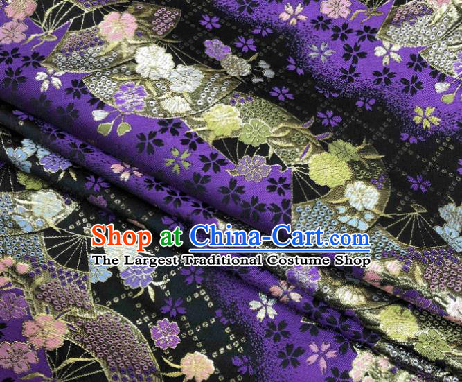 Asian Japanese Kimono Fabric Classical Fan Pattern Design Deep Purple Brocade Traditional Drapery Silk Material