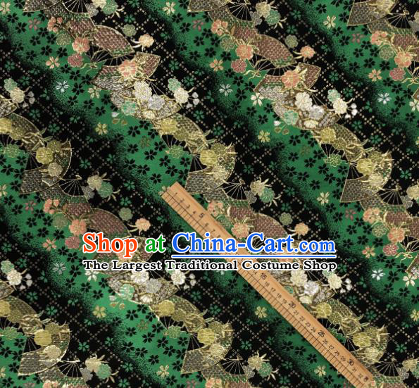 Asian Japanese Kimono Fabric Classical Fan Pattern Design Green Brocade Traditional Drapery Silk Material