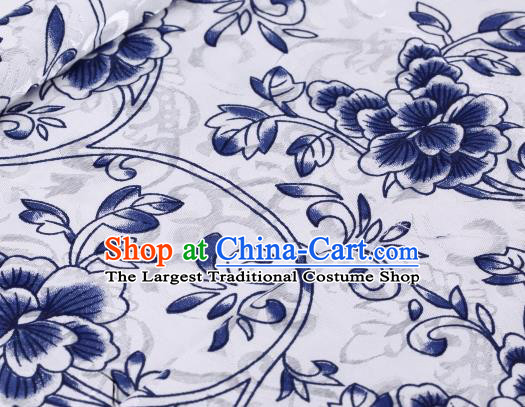 Asian Chinese Classical Blue Flowers Pattern Design Satin Fabric Brocade Traditional Drapery Silk Material