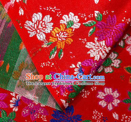 Asian Japanese Kimono Fabric Classical Flowers Pattern Design Red Brocade Traditional Drapery Silk Material