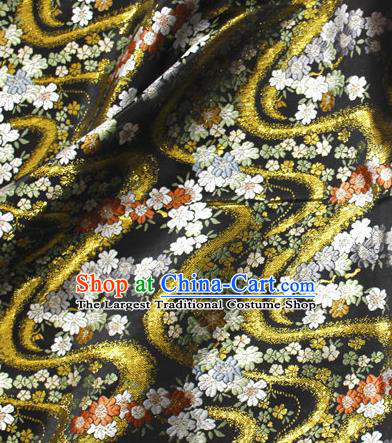 Asian Japanese Kimono Black Satin Fabric Classical Sakura Pattern Design Brocade Traditional Drapery Silk Material