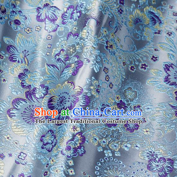 Asian Chinese Classical Flowers Pattern Design Blue Satin Fabric Brocade Traditional Drapery Silk Material