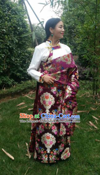 Chinese Traditional Zang Nationality Female Dress Ethnic Dance Costume Purple Tibetan Robe for Women