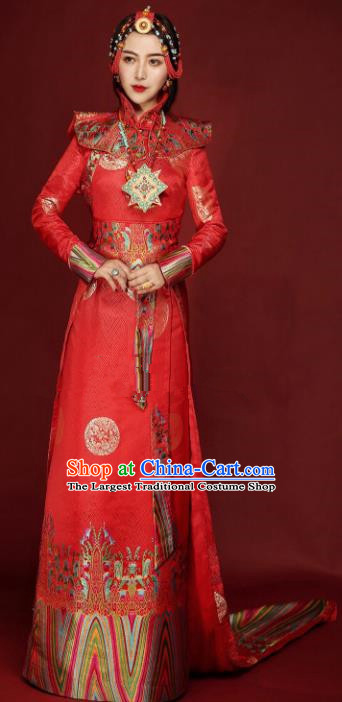 Chinese Traditional Ethnic Bride Tibetan Robe Zang Nationality Female Red Dress Wedding Costume for Women