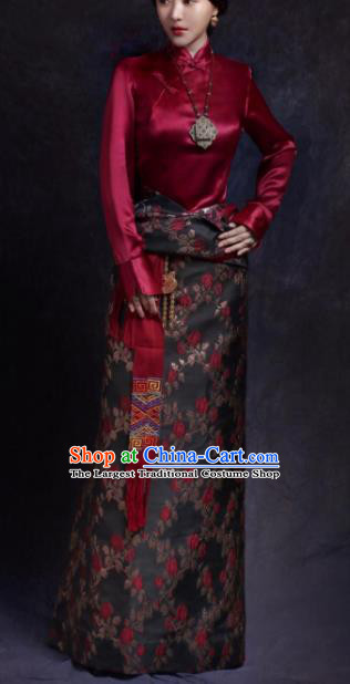 Chinese Traditional Zang Nationality Female Dress Black Tibetan Robe Ethnic Dance Costume for Women