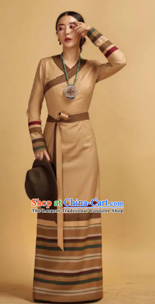 Chinese Traditional Ethnic Khaki Tibetan Robe Zang Nationality Female Dress Costume for Women