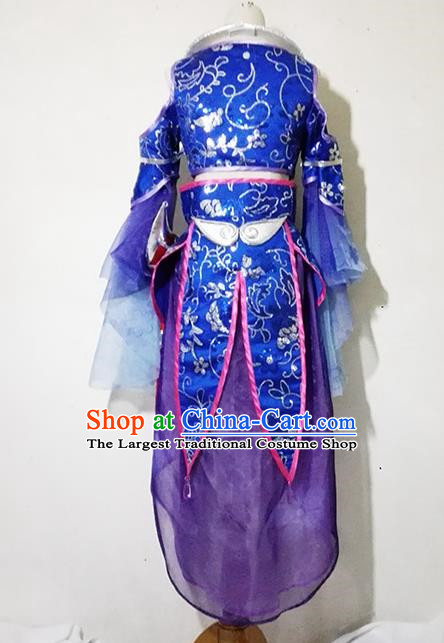 Chinese Traditional Cosplay Female Knight Costume Ancient Swordsman Taoist Nun Blue Dress for Women