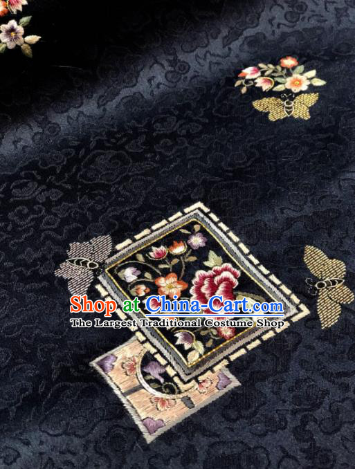 Traditional Chinese Embroidered Peony Butterfly Black Silk Fabric Classical Pattern Design Brocade Fabric Asian Satin Material