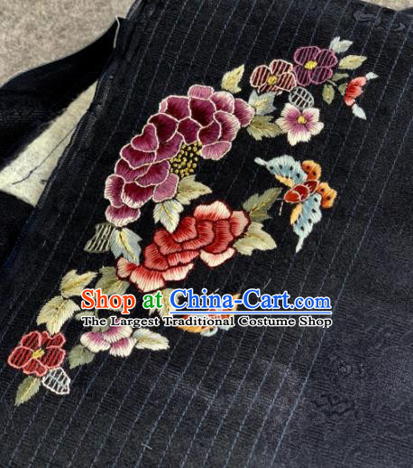 Traditional Chinese Black Satin Classical Embroidered Peony Butterfly Pattern Design Brocade Fabric Asian Silk Fabric Material