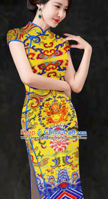 Chinese Traditional Classical Dragon Pattern Yellow Brocade Damask Asian Satin Drapery Silk Fabric