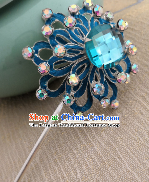 Chinese Ancient Queen Blue Crystal Hairpins Traditional Beijing Opera Diva Hair Accessories for Adults