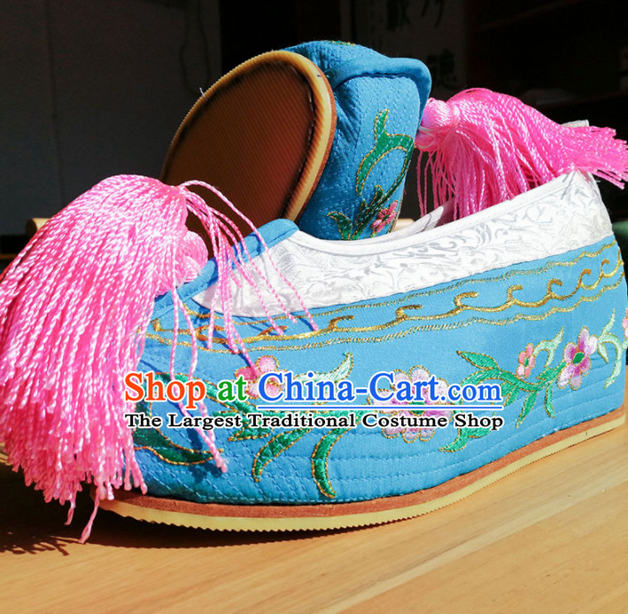 Chinese Ancient Princess Hanfu Blue Embroidered Shoes Traditional Beijing Opera Diva Blood Stained Shoes for Adults