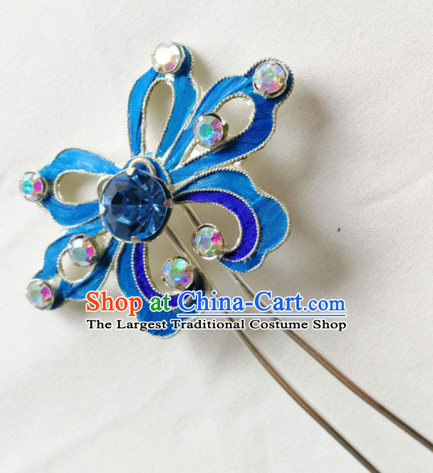 Chinese Ancient Court Princess Blue Crystal Hairpins Traditional Beijing Opera Diva Hair Accessories for Adults