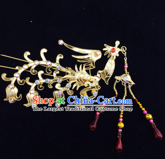Chinese Ancient Court Princess Golden Phoenix Tassel Hairpins Traditional Beijing Opera Diva Hair Accessories for Adults